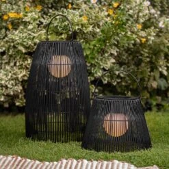 Lot De 2 Lanternes Solaires Camden Noires Effet Rotin
