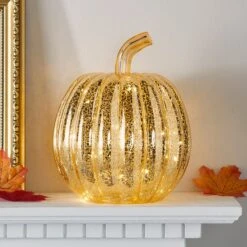 Citrouille Lumineuse En Verre à La Patine Dorée -Light4fun Boutique LL20047 deco automne citrouille lumineuse patine vieillie doree